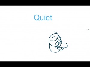 This is the first grade student's interpretation of a Q related word.  Since he cannot yet write a sentence, he just wrote the word "Quiet".