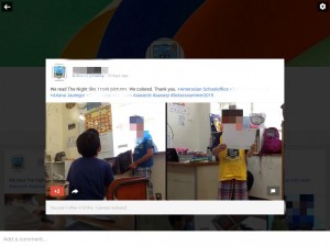 For her second blogging assignment, I asked my first grade student to take pictures of our class reading a QR coded book entitled "The Night Sky" and of us sharing our drawings about the book.  Finally, she blogged about it.